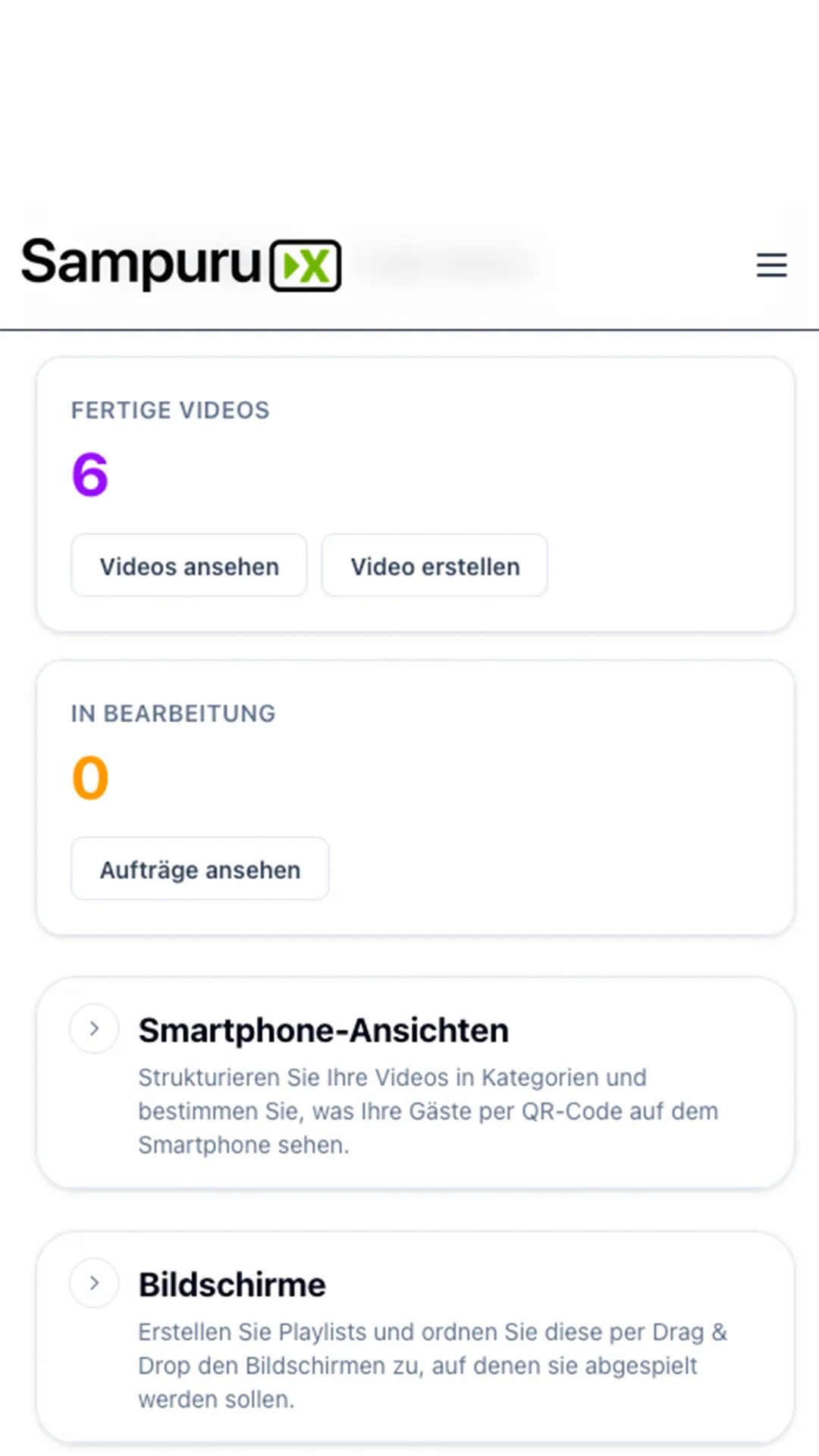 Sampuru in der Anwendung mit Smartphone-Ansicht, Galerie und Dashboard