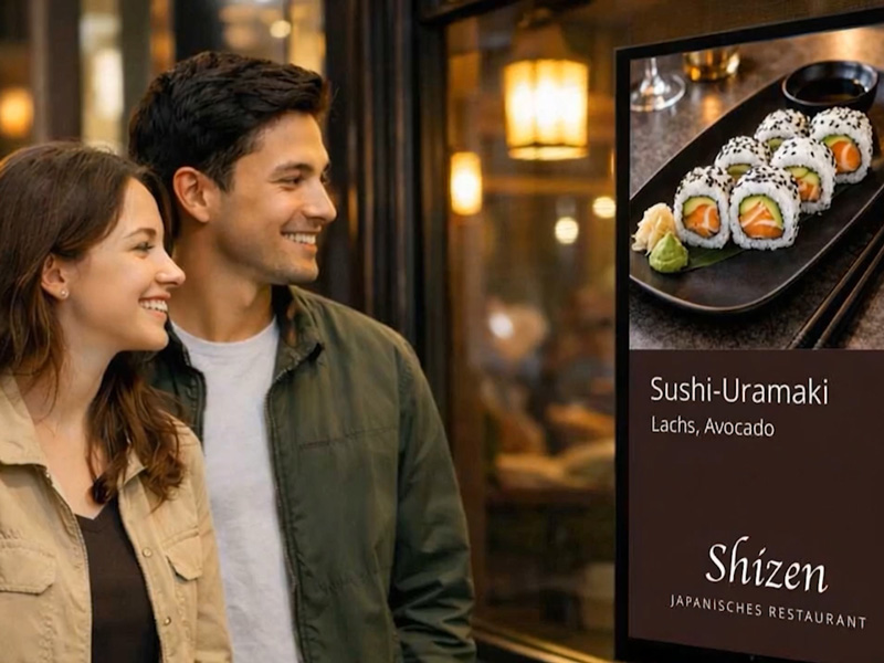 Mit dem Display-Modus zeigen Sie Videos Ihrer Gerichte auf einem Monitor im Schaufenster oder im Restaurant.